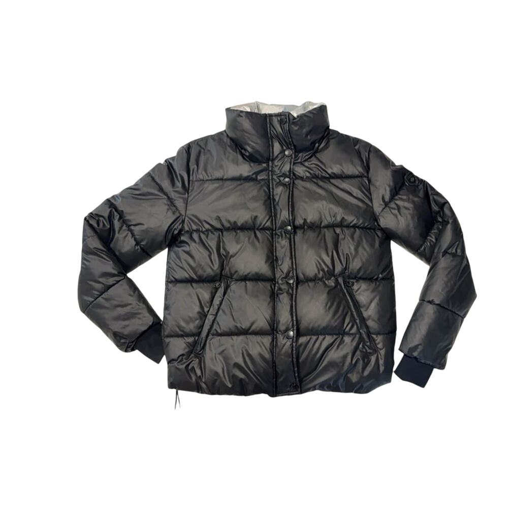 NOIZE CRUELTY-FREE BLACK PUFFER JACKET WITH SILVER LINING, SIZE SMALL